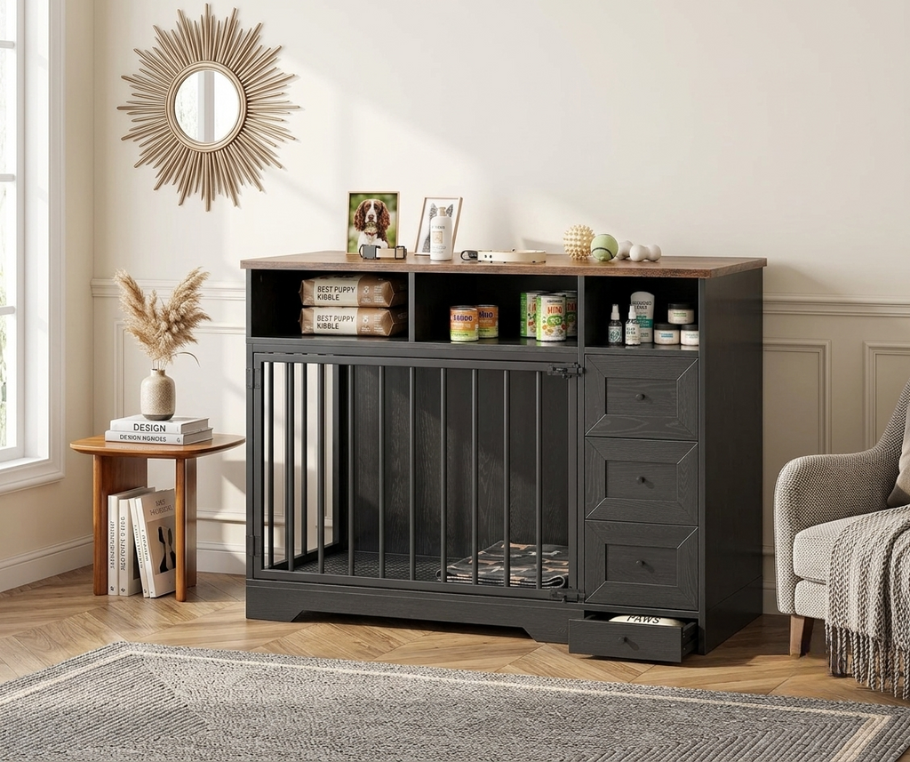 Dark wooden cabinet with pet crate inside in a room with a mirror, books, and a chair. | Pet Grooming | Pet Supplies and Food Australia | Pet Supplies Sydney | PetNexa Australia | Shop now