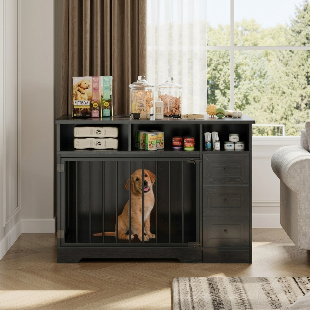 Black pet crate with a dog illustration in a living room setting | Pet Grooming | Pet Supplies and Food Australia | Pet Supplies Sydney | PetNexa Australia | Shop now