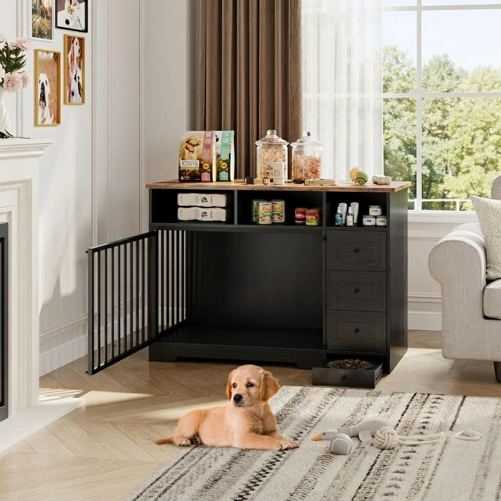 Dog lying on a rug in a living room with a black pet gate and furniture. | Pet Grooming | Pet Supplies and Food Australia | Pet Supplies Sydney | PetNexa Australia | Shop now