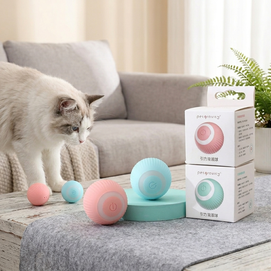 Cat playing with colorful spherical toys on a table next to packaging boxes. | Pet Grooming | Pet Supplies and Food Australia | Pet Supplies Sydney | PetNexa Australia | Shop now