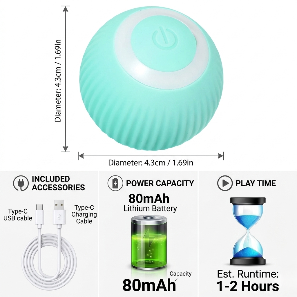 Mint green smart pet toy ball infographic showing a 4.3cm diameter size, Type-C USB charging cable, 80mAh lithium battery, and 1-2 hours of estimated runtime. | Pet Grooming | Pet Supplies and Food Australia | Pet Supplies Sydney | PetNexa Australia | Shop now