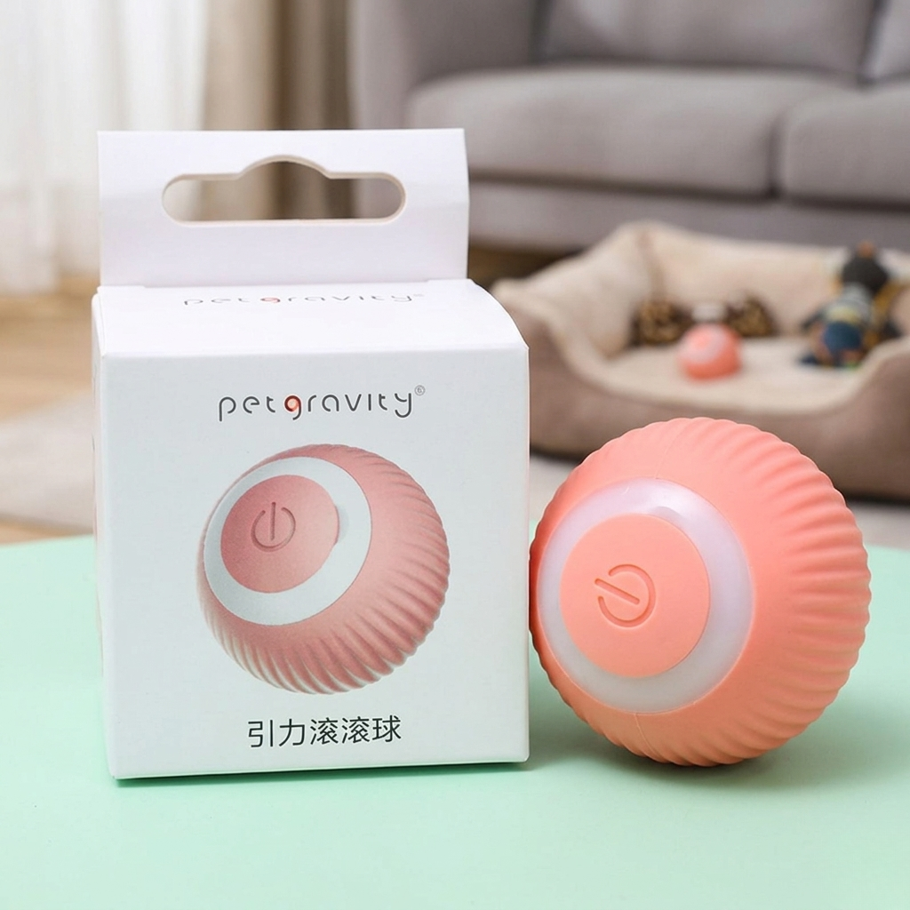 Pink automatic self-rolling toy ball with textured ridges and a power button, shown next to Petgravity packaging. | Pet Grooming | Pet Supplies and Food Australia | Pet Supplies Sydney | PetNexa Australia | Shop now