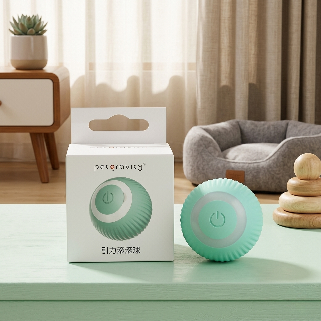 Blue automatic self-rolling toy ball with textured ridges and a power button, shown next to Petgravity packaging. | Pet Grooming | Pet Supplies and Food Australia | Pet Supplies Sydney | PetNexa Australia | Shop now