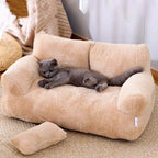 Luxury plush pet sofa bed with soft faux fur fabric, raised armrests, and matching bolster pillow for cats and small dogs, available in cream and pastel yellow. | Pet Grooming | Pet Supplies and Food Australia | Pet Supplies Sydney | PetNexa Australia | Shop now