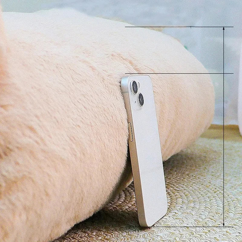 Close-up of the plush pet sofa bed showing its thick cushioned base and elevated design, with a smartphone placed beside it to demonstrate mattress height and support. | Pet Grooming | Pet Supplies and Food Australia | Pet Supplies Sydney | PetNexa Australia | Shop now
