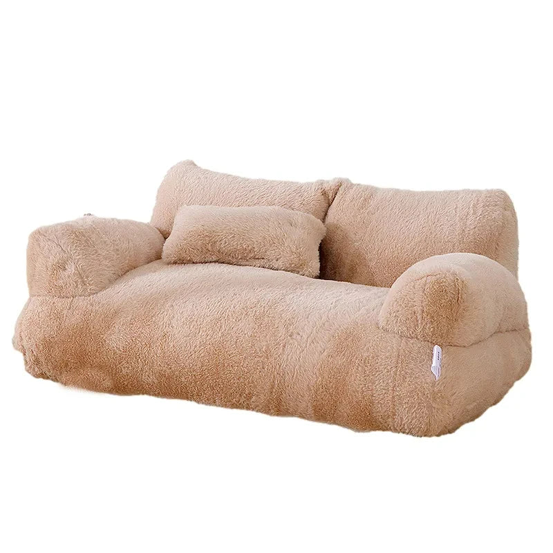 Beige plush pet sofa bed with soft bolstered armrests, padded backrest, and matching cushion, designed for cats and small dogs. | Pet Grooming | Pet Supplies and Food Australia | Pet Supplies Sydney | PetNexa Australia | Shop now