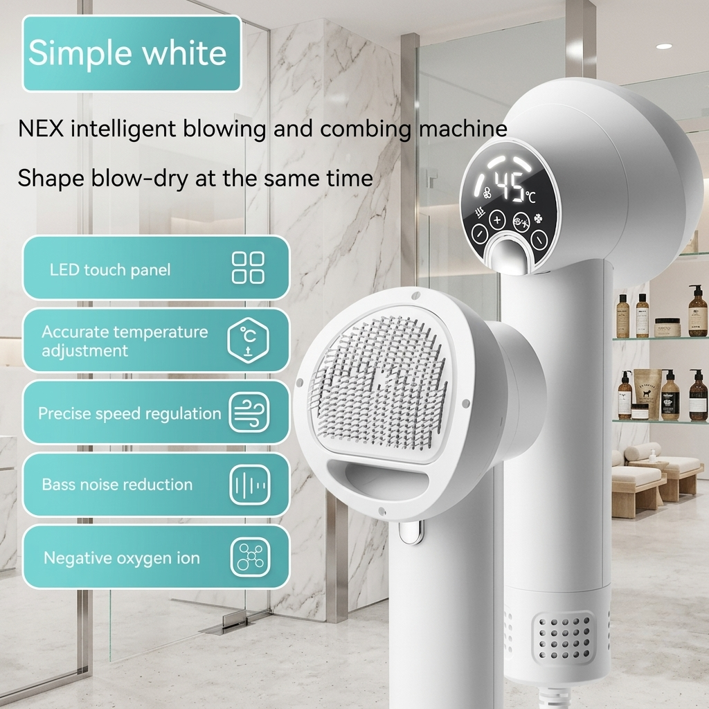 White hair dryer with digital display in a bathroom setting, featuring text on its features. | Pet Grooming | Pet Supplies and Food Australia |  Pet Supplies Sydney | PetNexa Australia | Shop now