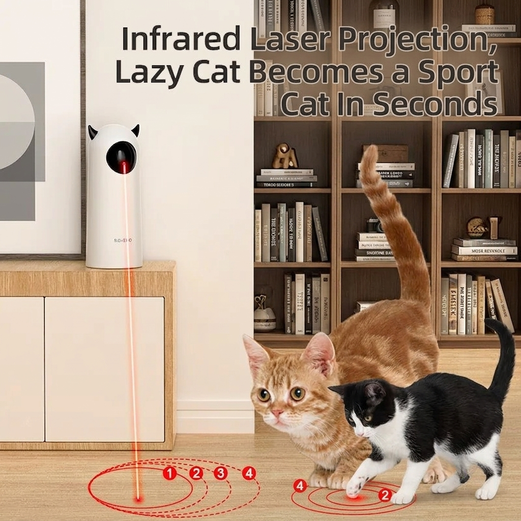Smart interactive automatic laser toy for cats with an infrared motion tracking red dot, shown with an orange tabby and a kitten in a living room. | Pet Grooming | Pet Supplies and Food Australia | Pet Supplies Sydney | PetNexa Australia | Shop now