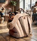 Dog and cat inside a cozy, striped pet carrier in a cafe setting. | Pet Grooming | Pet Supplies and Food Australia | Pet Supplies Sydney | PetNexa Australia | Shop now