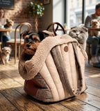 Dog and cat inside a cozy, striped pet carrier in a cafe setting. | Pet Grooming | Pet Supplies and Food Australia | Pet Supplies Sydney | PetNexa Australia | Shop now