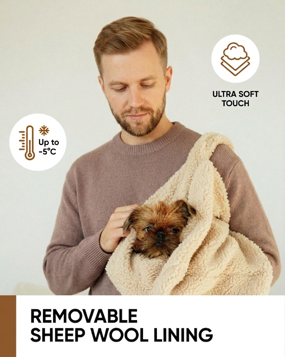 Man holding a small dog wrapped in a fluffy blanket with text about removable sheep wool lining. | Pet Grooming | Pet Supplies and Food Australia | Pet Supplies Sydney | PetNexa Australia | Shop now