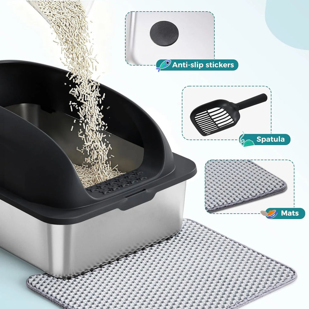 Stainless Steel Cat Litter Box with Lid, Large Cat Litter Box for Big Cats, High Wall Sides, Anti-Urine Leakage, Easy Cleaning, Scoop and Mat Included, Black | Pet Grooming | Pet Supplies and Food Australia | Pet Supplies Sydney | PetNexa Australia | Shop now