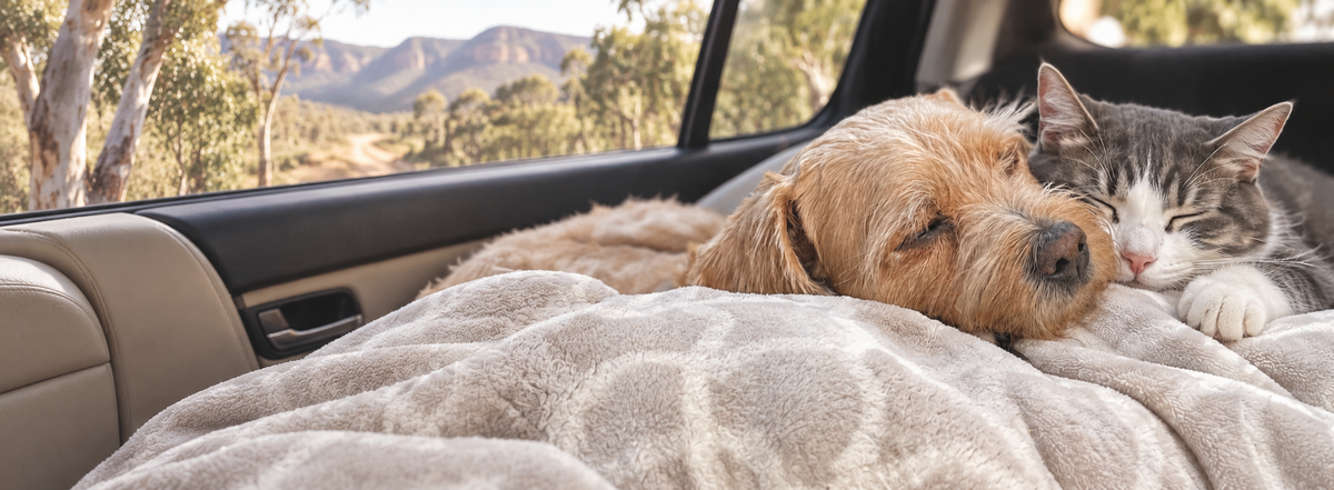 A golden retriever and a tabby cat in walking harnesses on a rocky outcrop above a lake at sunrise