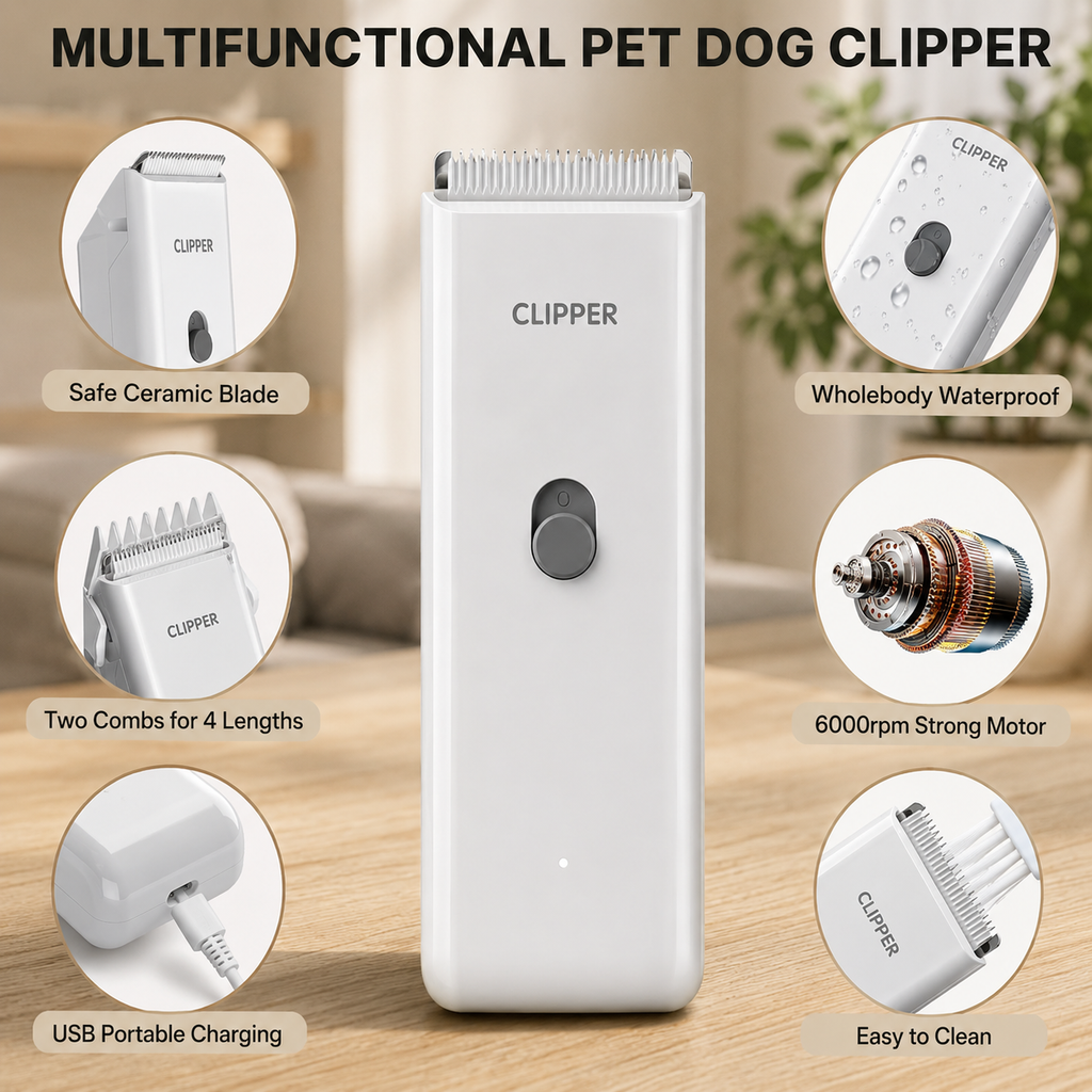 Multifunctional pet dog clipper with features highlighted on a wooden surface. | Pet Grooming | Pet Supplies and Food Australia |  Pet Supplies Sydney | PetNexa Australia | Shop now | Pet Grooming | Pet Supplies and Food Australia | Pet Supplies Sydney | PetNexa Australia | Shop now