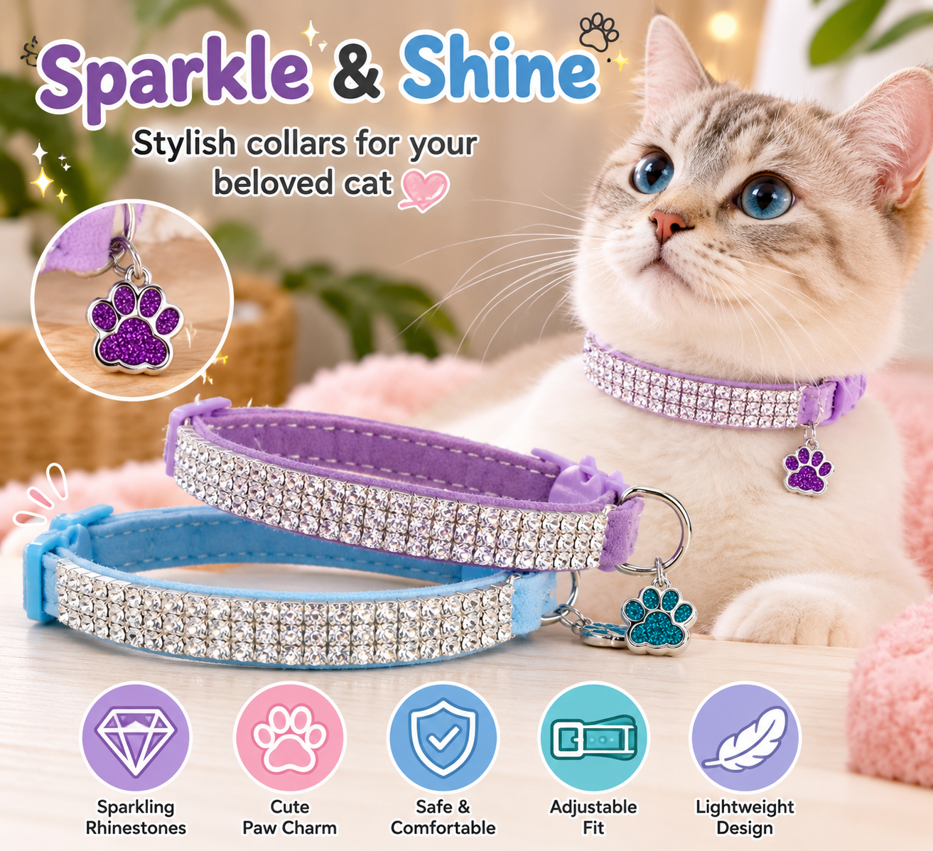 2-Pack Velvet Breakaway Cat Collars with Rhinestones for Girl Cats | For Cats | Pet Supplies and Food Australia | Pet Supplies Sydney | PetNexa Australia | Shop now