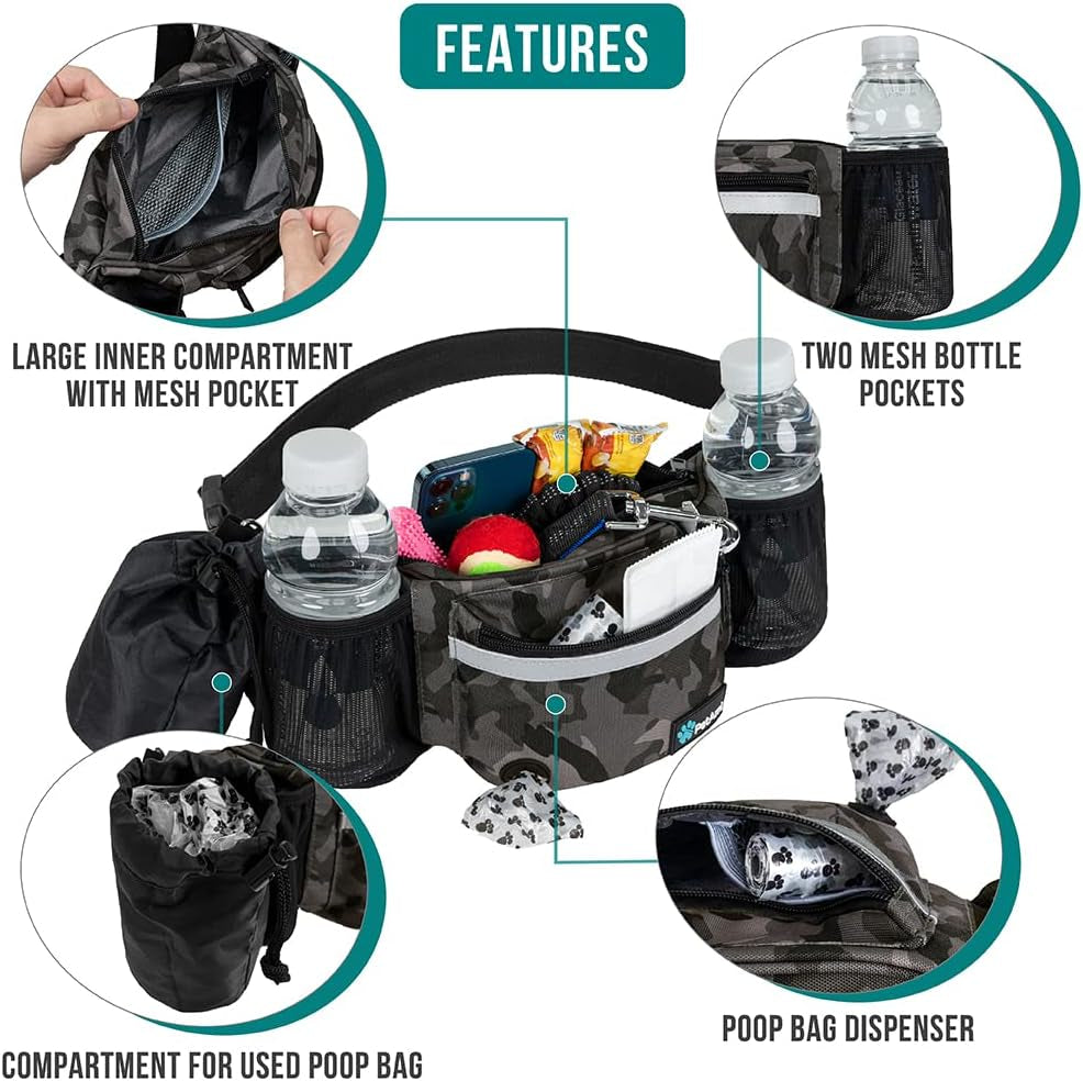 Camo hands-free dog walking waist bag with built-in poop bag dispenser, dual water bottle holders, and a dedicated pet waste disposal pouch. | Pet Grooming | Pet Supplies and Food Australia | Pet Supplies Sydney | PetNexa Australia | Shop now