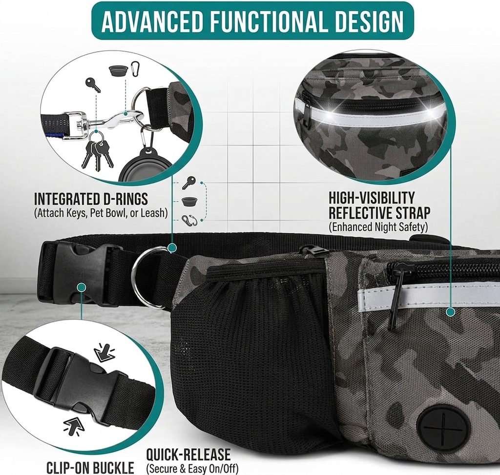 Camouflage waist bag with features highlighted on a white background | Pet Grooming | Pet Supplies and Food Australia | Pet Supplies Sydney | PetNexa Australia | Shop now