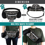 Camouflage pattern dog walking fanny pack shown with a diagram of features, including a large inner compartment, two mesh bottle pockets with water bottles, a poop bag dispenser, and an attached black drawstring compartment for used bags. | Pet Grooming | Pet Supplies and Food Australia | Pet Supplies Sydney | PetNexa Australia | Shop now