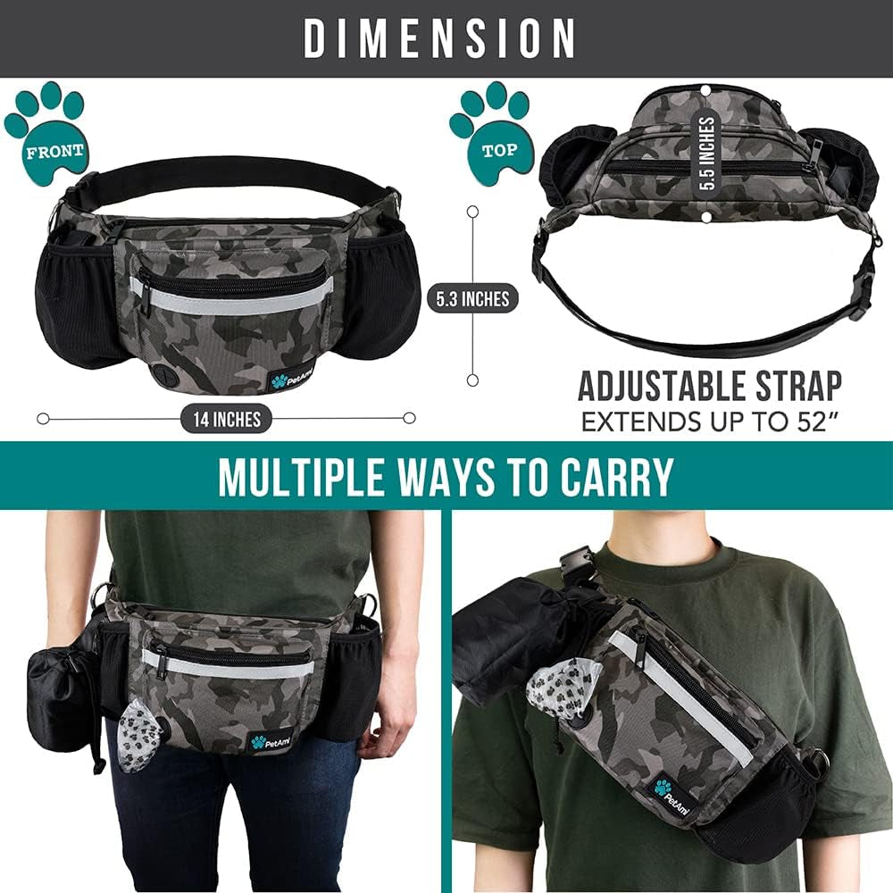 Camouflage pattern dog walking fanny pack shown with a diagram of features, including a large inner compartment, two mesh bottle pockets with water bottles, a poop bag dispenser, and an attached black drawstring compartment for used bags. | Pet Grooming | Pet Supplies and Food Australia | Pet Supplies Sydney | PetNexa Australia | Shop now