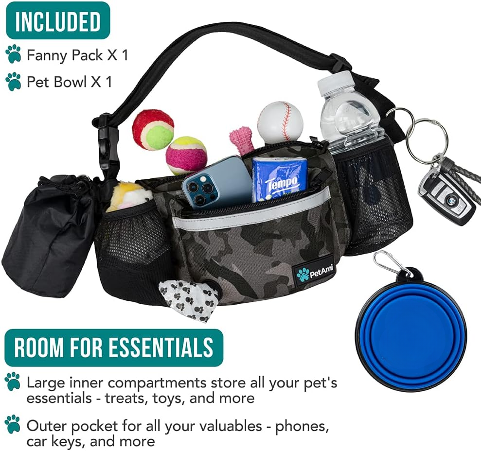 Fanny pack with pet accessories including a pet bowl, toys, and phone case on a white background. | Pet Grooming | Pet Supplies and Food Australia | Pet Supplies Sydney | PetNexa Australia | Shop now