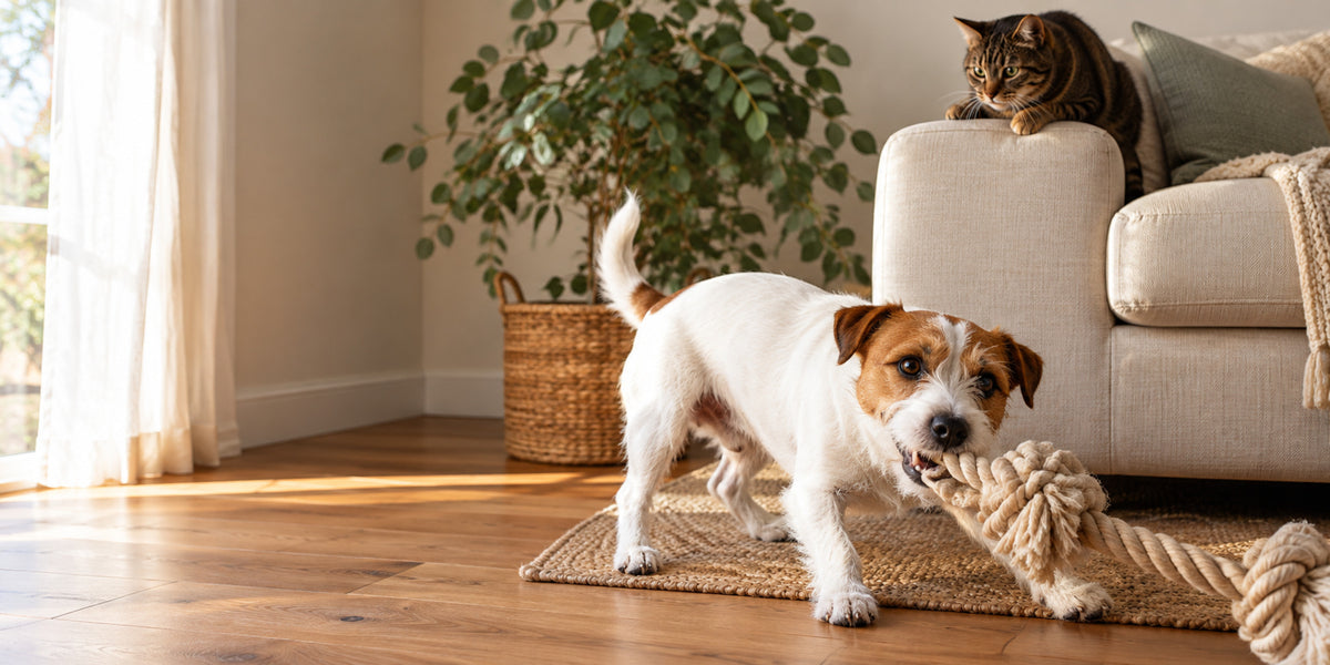 Jack Russell terrier tugging a rope toy on a timber floor while a tabby cat watches from the sofa