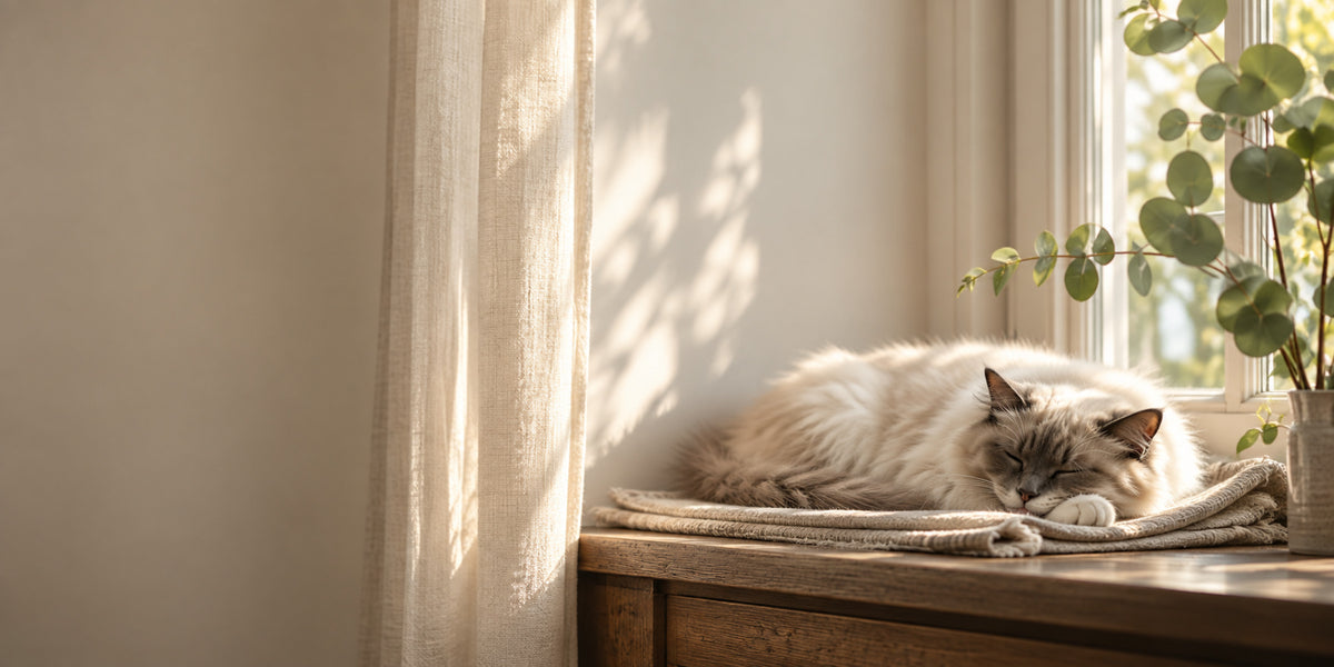 Ragdoll cat asleep on a sunny windowsill