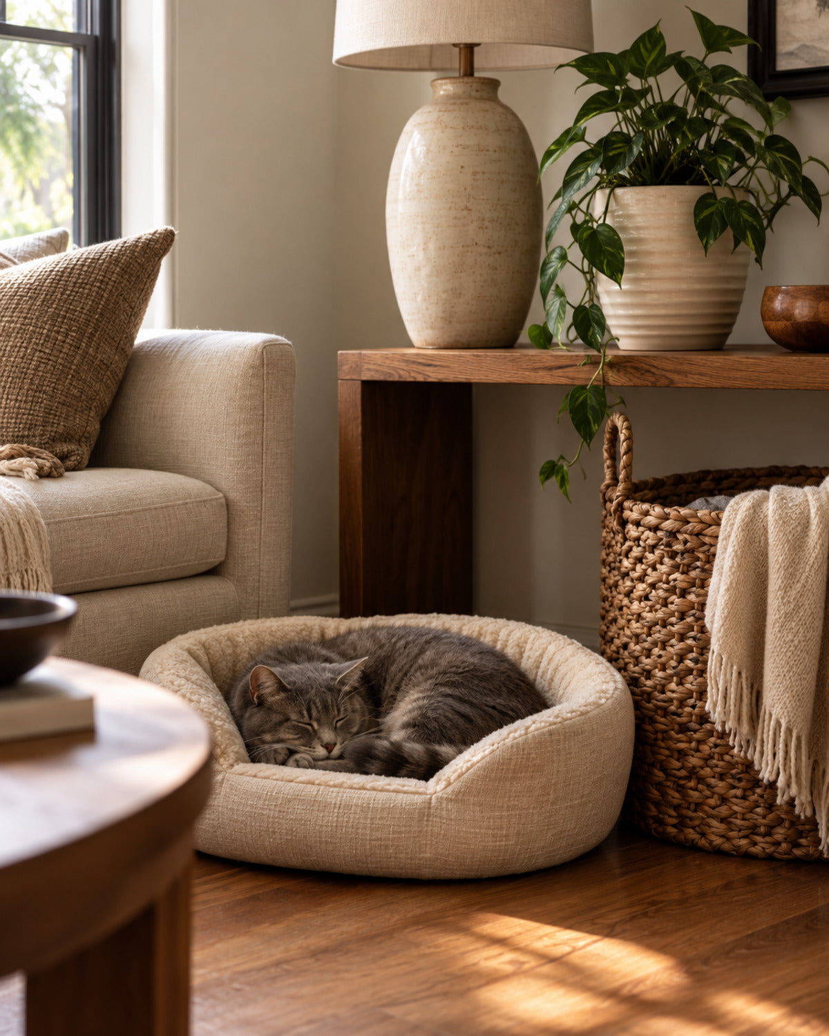 Grey cat asleep in a neutral pet bed beside an armchair in a styled living room