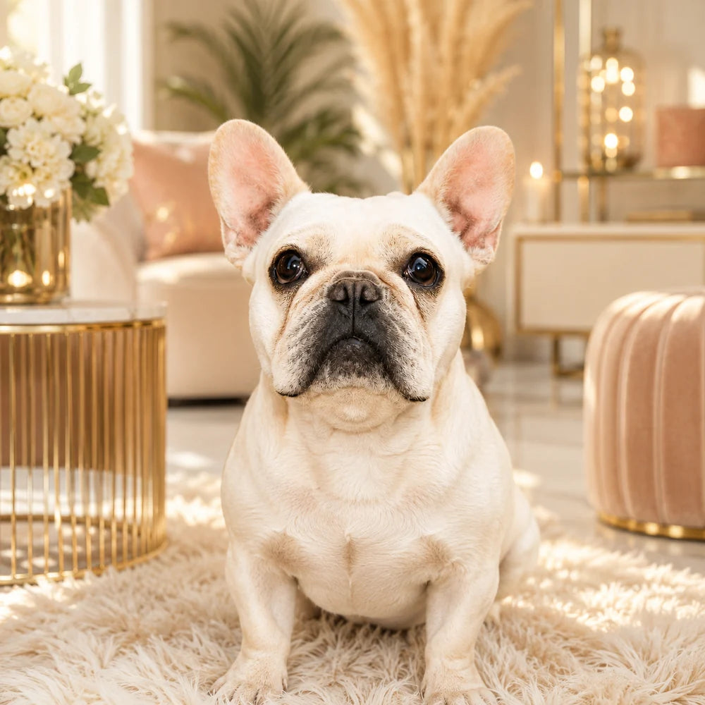 A cream French bulldog sitting on a deep shaggy rug in a warm living room