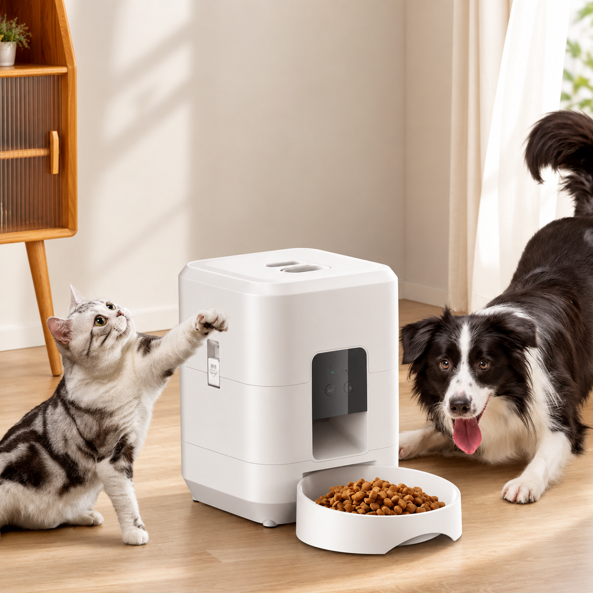 A tabby cat pawing at a white square automatic feeder while a black and white dog waits by the full bowl